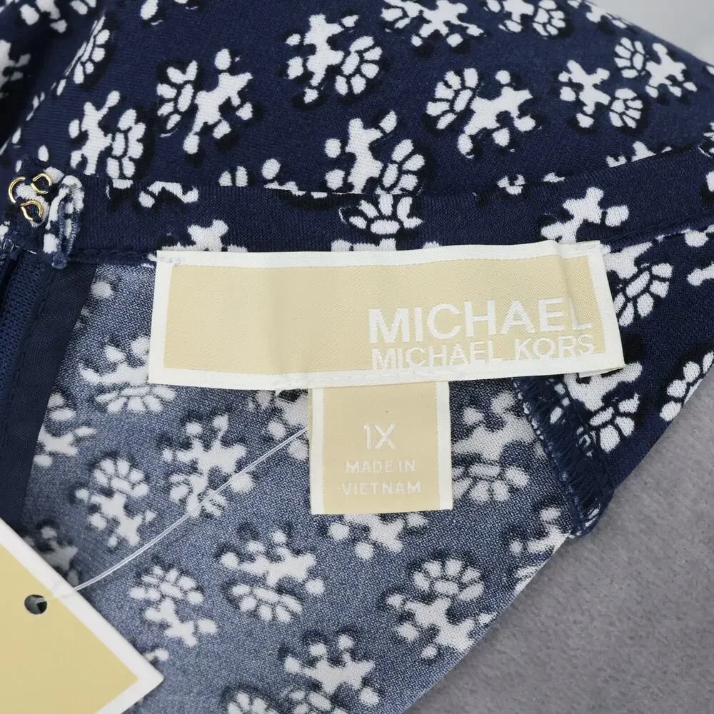 Michael Kors Dress Plus Size 1X Navy Blue Print Stretch Knit Zipper Career New